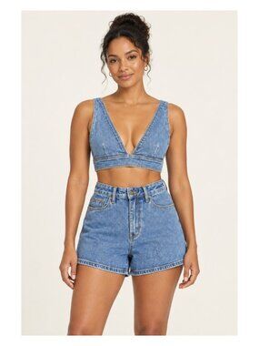LNDN High-Rise Denim Jean Shorts — Medium Wash Denim · Sizes 25, 26, 28, 30, 31